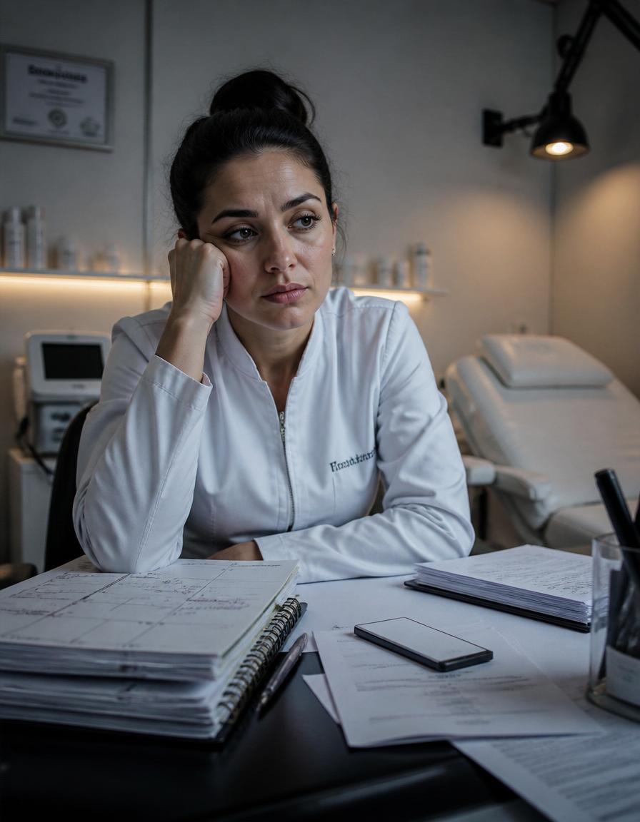 Antes — esteticista exausta e frustrada